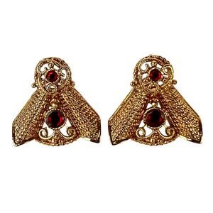 Vintage Earrings Red Rhinestones Gold Tone Intricate Detail Texture Pierced Post